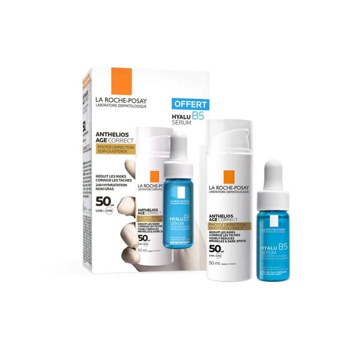 پک سرم هیالورونیک اسید b5 و کرم ضد آفتاب بی رنگ ضد چروک و لک SPF50 آنتلیوس لاروش پوزای