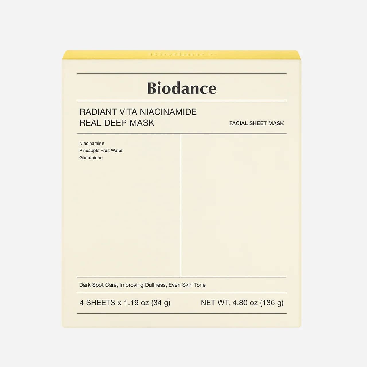 ماسک ورقه ای روشن‌کننده نیاسینامید بایودنس 4 عددی Biodance Radiant Vita Niacinamide Real Deep Mask