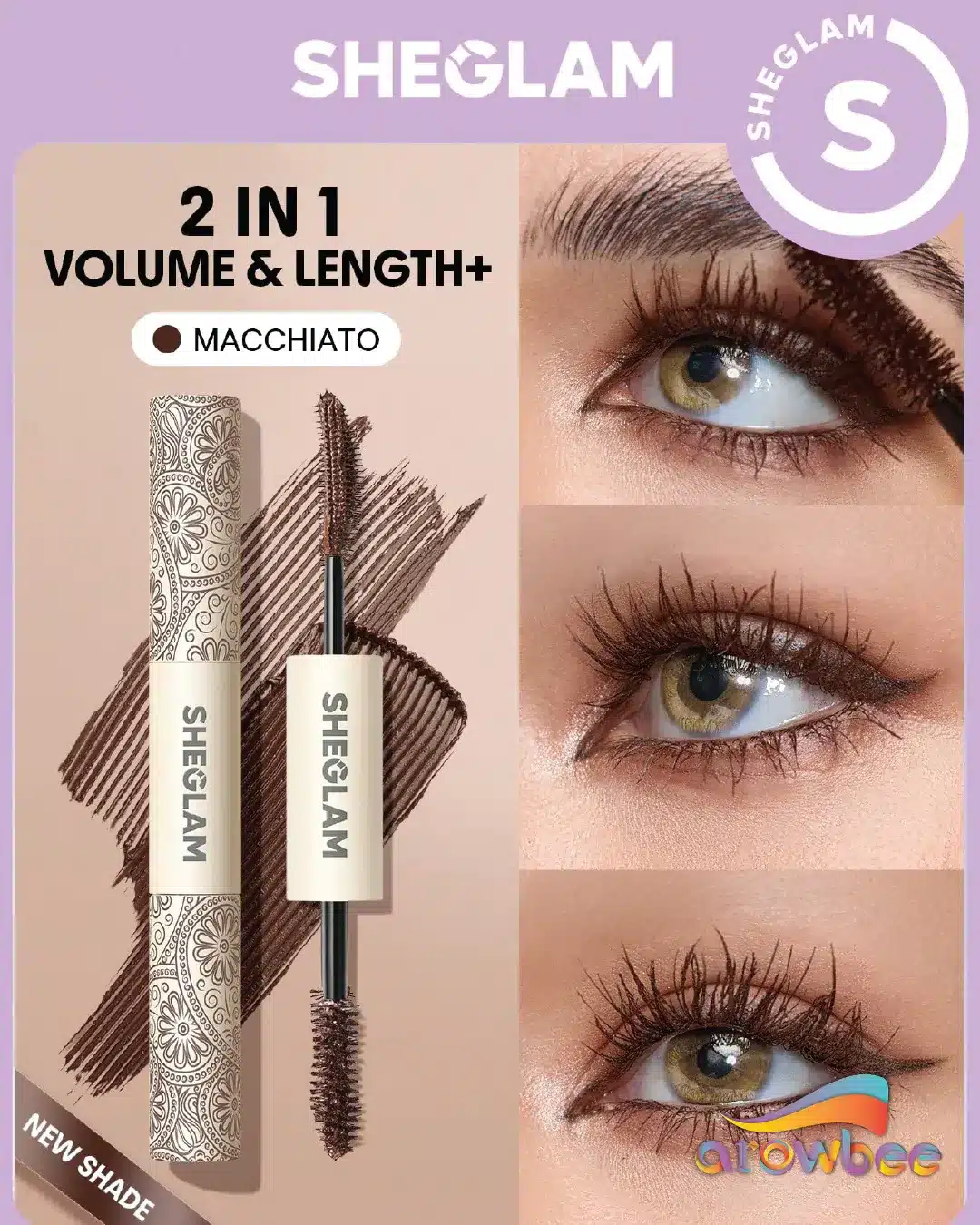 ریمل دو سر شیگلم رنگ قهوه ای SHEGLAM ALL-IN-ONE VOLUME & LENGTH MASCARA – WATERPROOF MACCHIATO – 4 g × 2