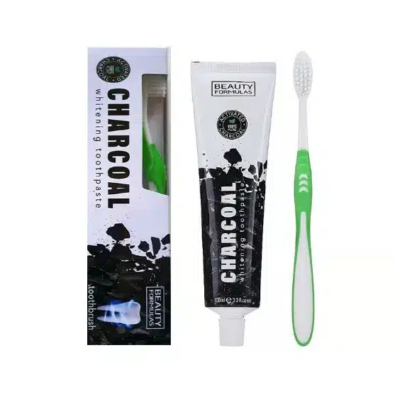 خمیر دندال زغال Charcoal حجم 100 میل و مسواک Whitening Toothpaste with Active Charcoal + Brush, Beauty Formulas