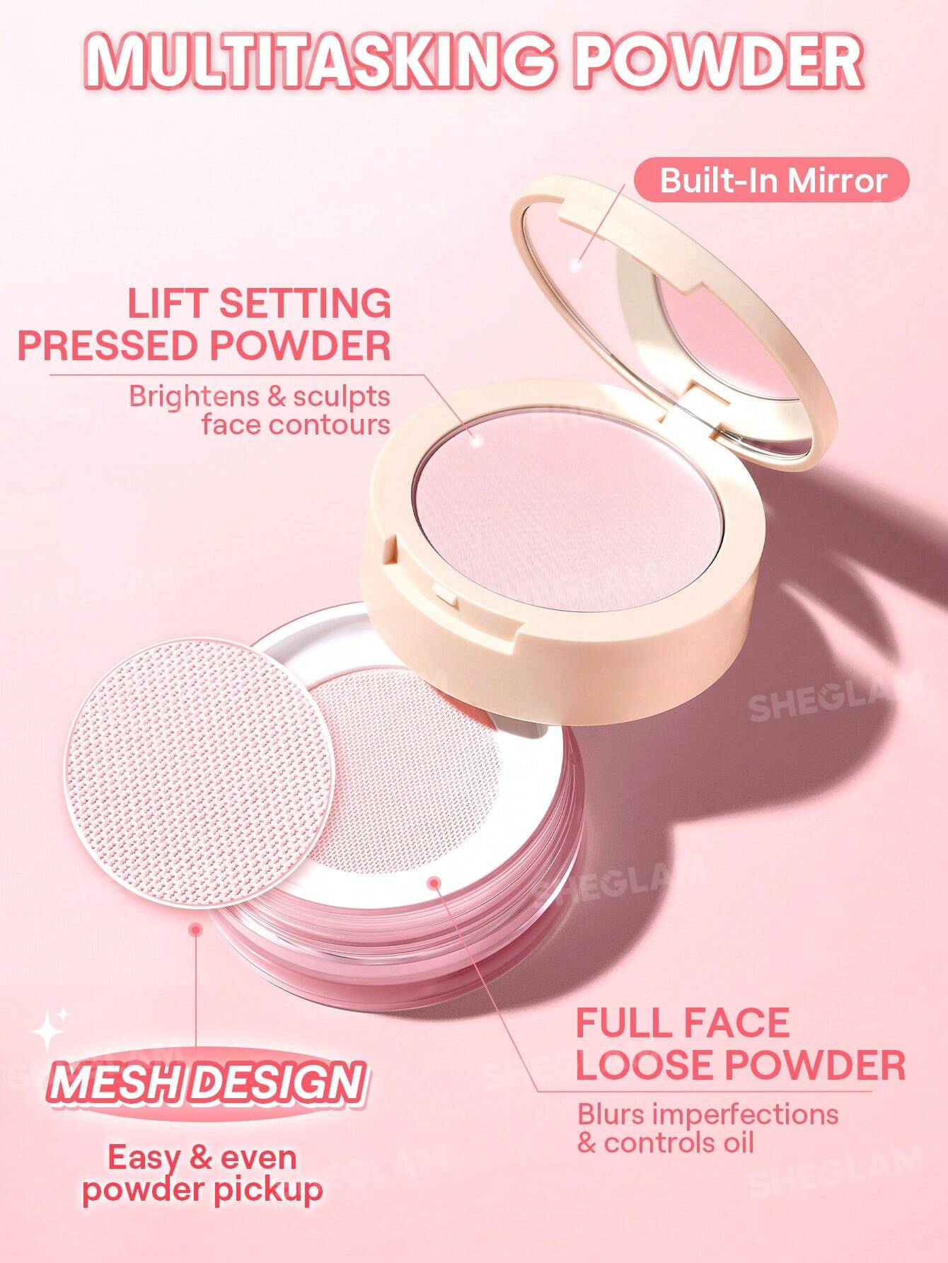 پودر فیکس صورتی دو طبقه شیگلم SHEGLAM INSTA-READY FACE & UNDER EYE SETTING POWDER DUO BUBBLEGUM