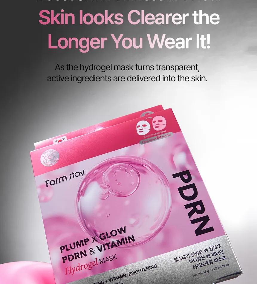 ماسک ورقه ای هیدروژلی فارم استی حاوی پی در آر ان و ویتامین (5 ورق) Farmstay – Plump x Glow PDRN and Vitamin Hydrogel Mask, 5 sheets